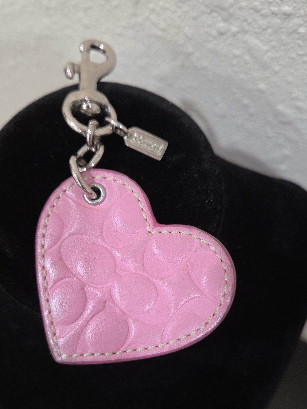 Coach Pink Heart Embossed Leather Keyring with Silver Hardware